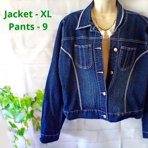 Denim Set: Embroidered Denim Jacket (xl) & pants (9), stretchy